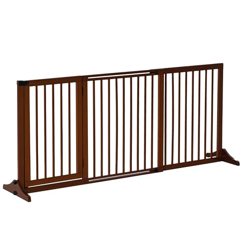 PawHut Barrera para Perros Extensible 113-166x71 cm Barrera de Seguridad para Perros de 3 Paneles con Longitud Ajustable Marco de Madera y Soporte de Pie Marrón