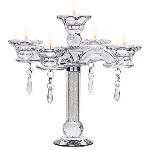 BOKER-TOV SHALOM Crystal Candelabra Candle Holders for Tea Lights - 5 Arm 10'' Crystal Candelabra Candle Holder - Ultra Elegant and Modern Centerpiece Table Decorations Cover