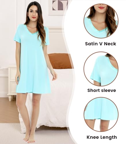 Image of NACHILA Nightgowns for Women-Viscose Made from Bamboo,Soft Sleepshirts Short Sleeve Nightshirts Loose Sleepwear