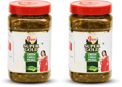 Image of 9AM Super Gold Green Chilli Pickle 900g - Spicy & Flavorful Indian Pickle (Pack of 2)