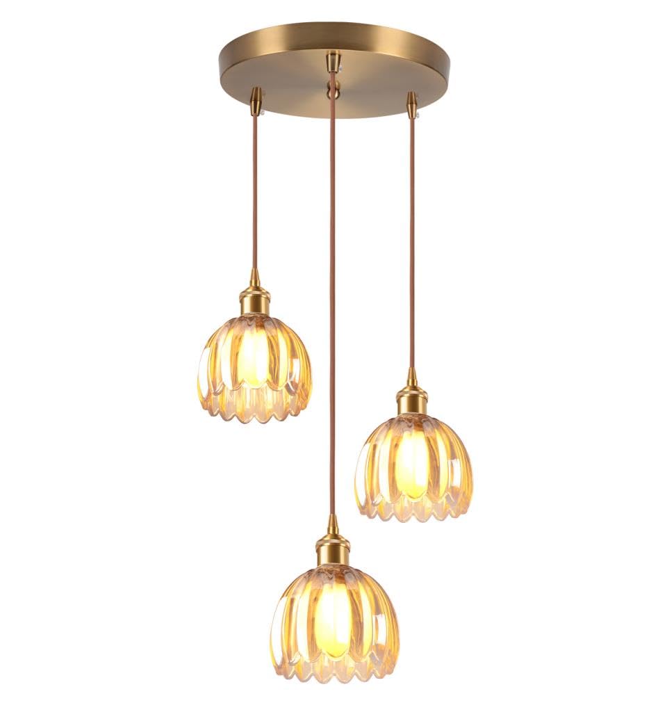 Suspension Luminaires en Verre 3 Lampes Intérieure Moderne Ambre Fleurs Lampe Suspendue Vintage Laiton Doré Lustre Plafonniers pour Cuisine Cuisine Salon Chambre