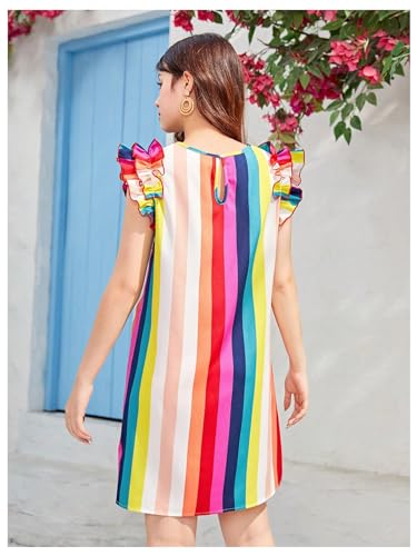 Floerns Girl's Rainbow Striped Print Ruffle Trim Cap Sleeve Short Tunic Dress2