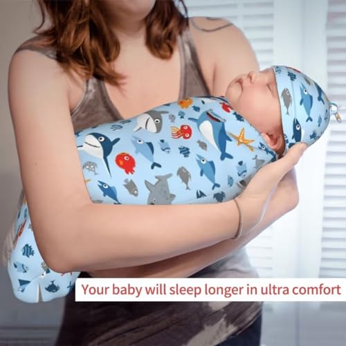 Image of Cartoon Sharks Ocean Newborn Swaddling Blanket Beanie Hat Sets Soft Baby Receiving Funny Blanket Soft Sleeping Bag New Born Soft Sleep Sacks for Boys Girls