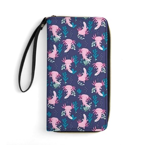 Axolotls Womens Leather Wallet with Wrist Strap Ladies Clutch Purses for Cash/Card/Coin/Smart Phone Ladies Gift
