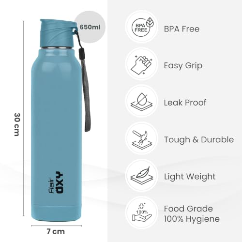 Image of FLAIR Oxy 900 Stainless Steel Water Bottle Set of 3 (650 ml Each), Assorted, Hot & Cold, Leakproof, BPA-Free, ISI Certified, Stainless Steel Bottle for Office, Gym, Travel, Trekking & Outdoor Sports