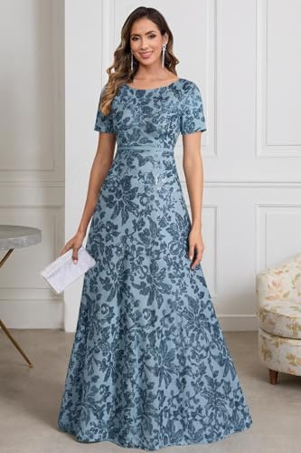 Quoriae Sequin Formal Evening Gown for Women Maxi Dress Short Sleeve A Line Mother of The Bride Dress2