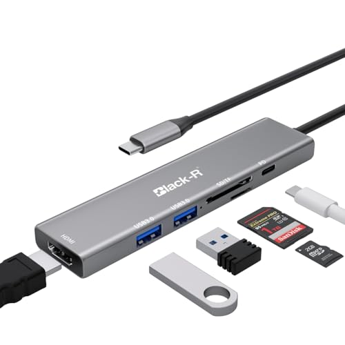 Image of Black-R 6-in-1 USB C Hub Docking Station, 4K HDMI, 100W Power Delivery, 5Gbps Dual USB 3.0 Ports, TF /Micro SD Card Reader, Aluminium Multiport Adapter for Laptop /MacBook /Windows /Linux