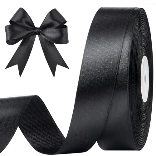 CLUEWR 1 Inch 50 Yards Black Satin Ribbon, Solid Fabric Ribbon Roll for Flower Bouquets, Gift Wrapping, Wedding, Handmade Crafts