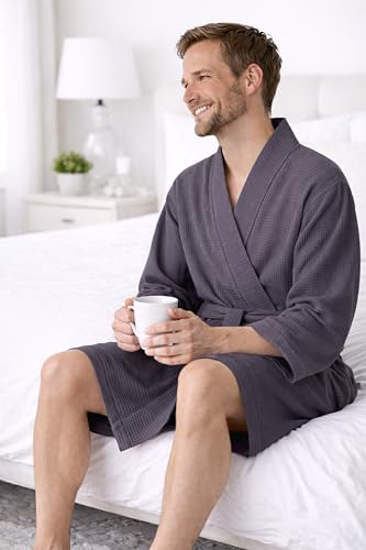 Image of Turkish Linen Men's Waffle Bathrobe Lightweight Kimono Spa Robe - Quick Dry Bath & Shower Robe for Men with Pockets