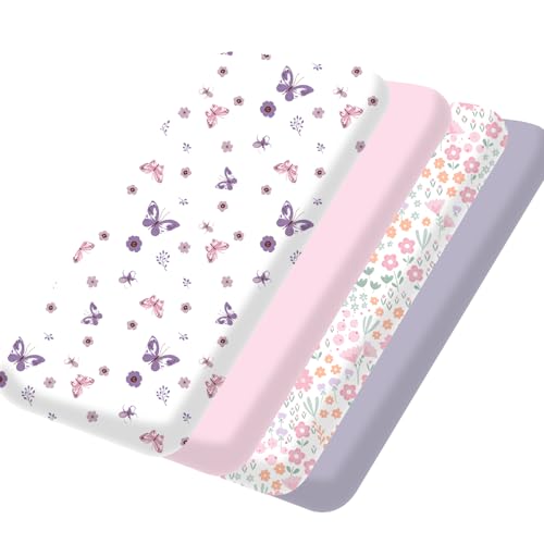 Image of Little Grape Land Mini Crib Sheets 4 Pack, Pack n Play Sheets Fitted 38 x 26 for Boys and Girls, Pack and Play Sheets Compatible with Graco Pack n Play Playard, Butterfly Flower