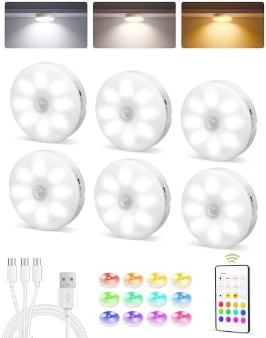 EZVALO 6-Pack Under Cabinet Lighting, Rechargeable Motion Sensor Puck Lights with Remote, 3 Color Temps &12 RGB Colors, Magnetic Stick on Light, Dimmable Under Counter Lights for Kitchen, Shelf, Stair