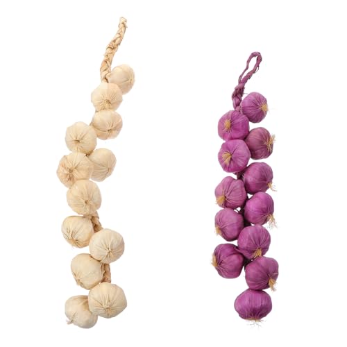 Garneck Garlic Bulb 2Pcs Artificial Garlic String Lifelike Fake Garlic Foam Vegetables Hanging Rope Photography Props for Home Party Wall Decoration White Purple Garlic House