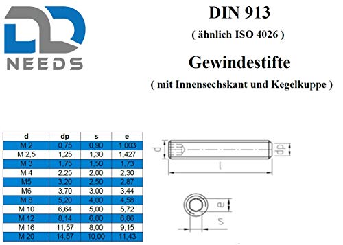 D2D | VPE: 10 Stück - Gewindestifte - Größe: M5 x 45 mm - nach DIN 913 mit Innensechskant (ISK) und Kegelkuppe aus Edelstahl A2 / V2A - Madenschrauben