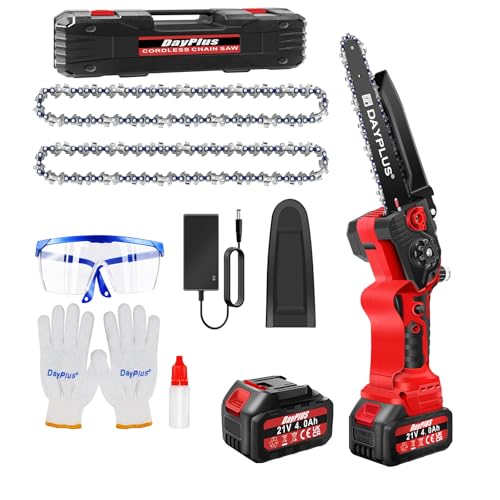 Motosierra sin cable de 8 pulgadas, motosierra manual sin escobillas con 2 baterías de 4000 mAh, 2 cadenas y caja de herramientas, motosierra eléctrica ligera para cortar madera, 47,5 x 11,5 x 7,5 cm