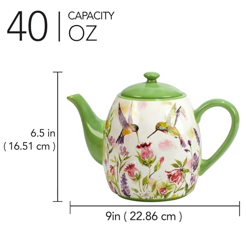 Hummingbirds Ceramic Teapot, 40 oz &ndash; Watercolor Floral Bird Design with Lid, Dishwasher & Microwave Safe, Whimsical Tea Pot for Loose Leaf & Bagged Tea, Great for Garden or Bird Lovers