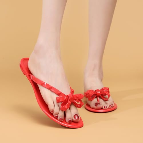 Image of Studded Jelly Shoes for Womens Bow Flip Flops Jellies Sandals Flat Black Summer Beach Thong with Rivets Strappy Slides Slip On