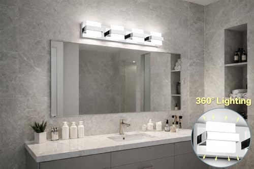 Image of SOLFART Modern Vanity Light Chrome, 32W Dimmable LED Bathroom Light Fixture Over Mirror, 2560LM Bright Minimalist Vanity Lighting for Mirror, Easy Install Bathroom Wall Light