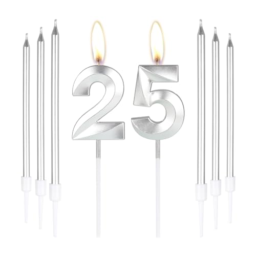 mciskin Silver 25 Birthday Candles-3D Number 25 Candle for Cake with 6pcs Long/Thin Candles Set,Silver Cake Topper for Girl Boy 25th Birthday Decorations Supplies,25th Wedding Anniversary Decorations