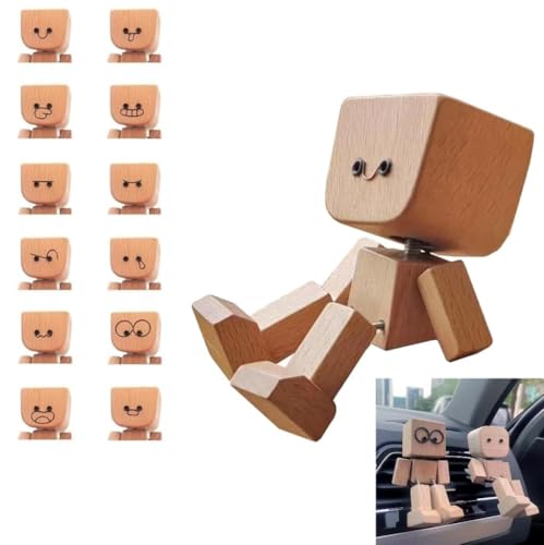 Feirdhoo Wackelnder Holzmann Wackelfigur Auto Holzmann mit 12 Magnetischen Schüttelmann aus Holz Handgefertigter Auto Armaturenbrett Decor Gesichtsausdrünncke Ausdrücke
