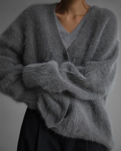 Image of Womens Fuzzy Sweaters Cardigan V-Neck Button Down Oversized Mohair Sweater Casual Y2k 2026 Fall Winter