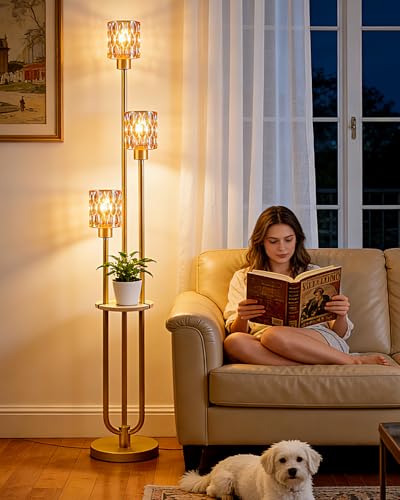 Image of 62IN Gold Floor Lamp with Amber Glass Shade 3-Lights Mid-Century Modern Farmhouse Floor Lamps with 3000K Warm White Bulbs, Tall Standing Lamp 5Lbs Heavy Base for Living Room /Bedroom /Corner