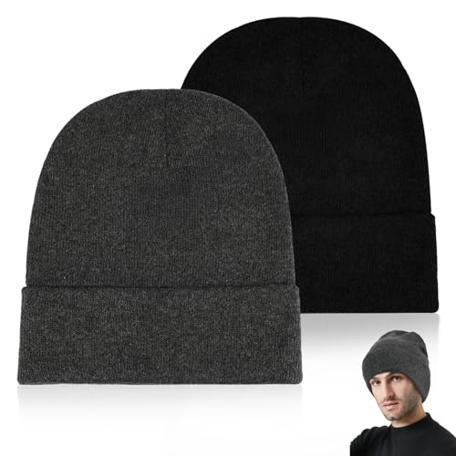 Okxiri 2 Pack Unisex Beanie for Men Women, Slouchy Cuffed Winter Beanie Hats, Soft Warm Knit Beanies Skull Cap Ski Hats- Black, Gray