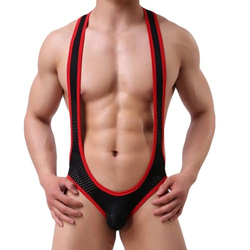 MIZSPISE Tanga con Suspensorio de Malla Sexy para Hombre Tirantes, Disfraz Borat Mankini, Body Calzoncillos Transpirables (FR/ES, Letras, Talla única, Regular, Regular, Negro)