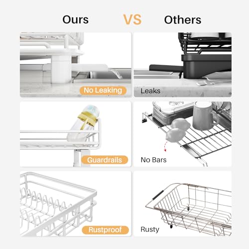 Image of SNTD Dish Drying Rack - Extendable Dish Rack, Large Sink Drying Dish Drainer for Kitchen Counter, Stainless Steel Dish Strainer with Utensil Holder (White)