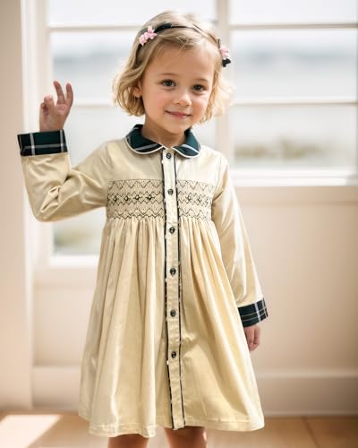 Twoflower Toddler Handmade Smocked Dress， Baby Girls' Clothing Long Sleeve Fall Vintage Dresses for Birthday Holiday4