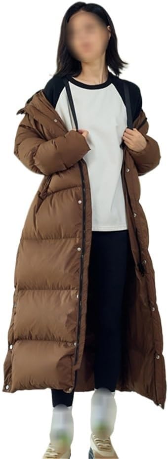 Women's White Duck Down Jacket Long Knee Length Loose Warm and Thick Autumn/Winter Brown Coat