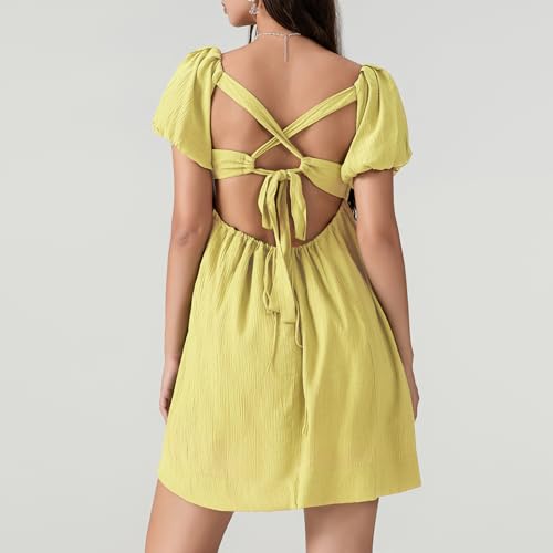 Image of Women Y2k Puff Sleeve Babydoll Dresses Square Neck Tie Back Mini Dress Summer Solid Off Shoulder Flowy Sundress