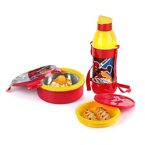 CELLO Tiffy Spiderman Gift Set Insulated Lunch Box & Water Bottle for Kids | Tiffin Box 460 ml, Water Bottle 400 ml, Red & Yellow | Leak Proof | Easy 