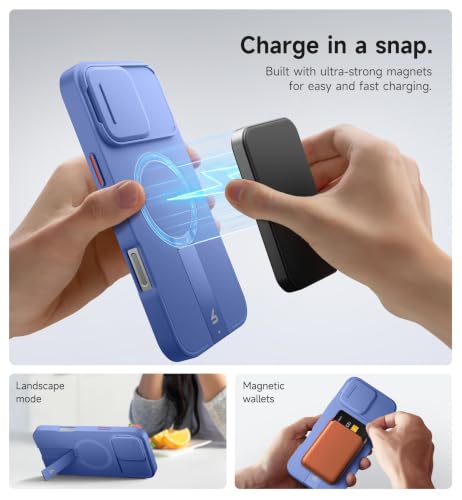Image of SURITCH for iPhone 16 Pro Max Case with Magnetic Camera Slide Cover and Adjustable Kickstand, Compatible with MagSafe, Shockproof Bumper Case Slim Protective Cover 6.9 Inch, Starlight Blue