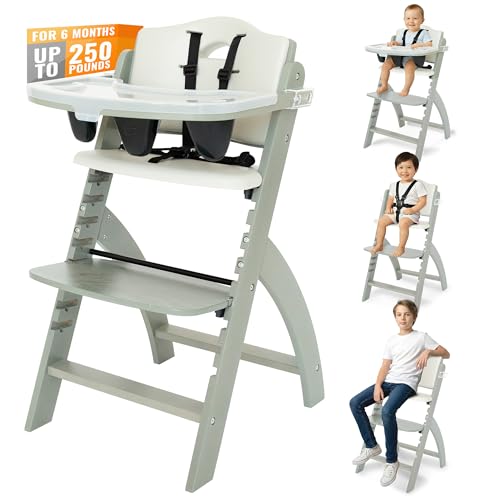 Abiie Beyond Junior Wooden High Chair with Tray - Adjustable and Convertible High Chair for Babies and Toddlers - 6 Months to 250 Lb - Water Resistant - Misty Grey Wood with Dove Grey Cushion