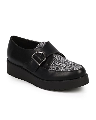 Women Leatherette Almond Toe Monk Strap Flatform Creeper Oxford DF30 - Black/White (Size: 5.5)