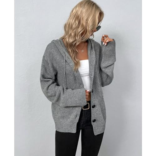 Image of Blostirno Women's Casual Hooded Cardigan Sweaters V Neck Button Down Long Sleeve Kint Cardigans Coat