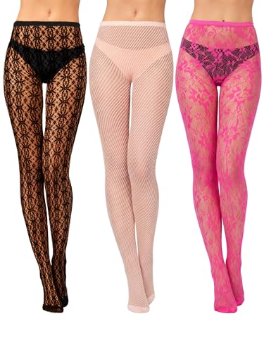 Image of Bencailor 3 Pairs Halloween Women Fishnet Stocking Tight Legging Black Stockings Small Hole Pattern High Pantyhose Waist Lace