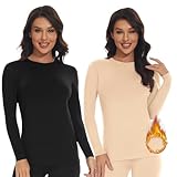 SIMIYA 2 Pack Thermo Unterhemd Damen Thermoshirt Langarm Thermounterwäsche Thermo Oberteil Warme Unterwäsche Winter Thermal Base Layer mit Innenfleece,Schwarz+Beige,S
