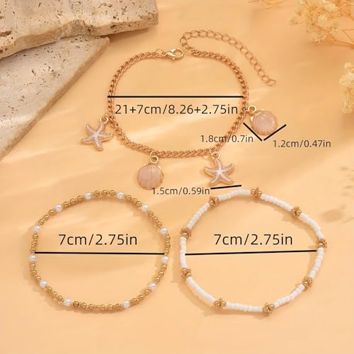 Image of Ankle Bracelets for Women Stretch Boho Pearl Bead Gold Anklets Layered Foot Chain Hawaiian Beach Conch Summer Vacation Travel Foot Jewelry, 3PCS Shell and Starfish