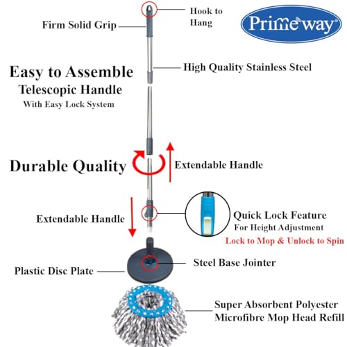 Image of Primeway Stainless Steel Spin Mop Replacement Floor Cleaning Spares Set | 127cm Extendable Handle /Stick Rod with Microfibre Refill | 38cm | Grey