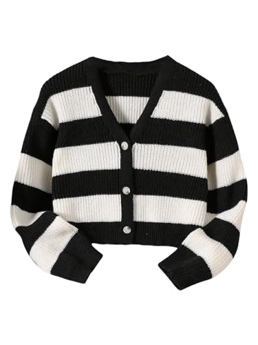 OYOANGLE Girl's Color Block Striped Cropped Cardigan Sweater V Neck Button Up Sweaters Outerwear