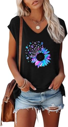 Anbech Cap Sleeve Tops Women Graphic V Neck Shirt Solid Print Casual T-Shirts