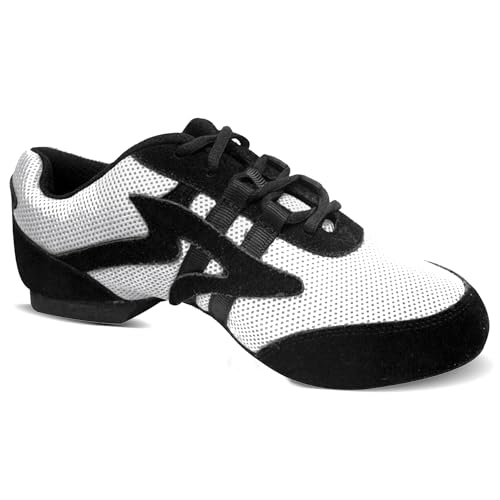 Sansha Unisex White Jazz Dance Salsatte 1 Sneakers, Split Sole Lace up Shoes with Suede Sole Design Easy Slide-in with Arch Support - Breathable Mesh Fabric - Ideal for Rehearsal, Ballroom Dance.