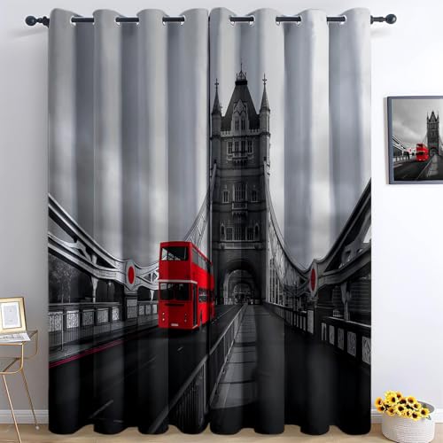Genérico Autobús Rojo, Cortinas Ollaos 2 Piezas, Suaves Cortinas Opacas, Puente La Torre Londres Impresión Curtains para Salon Dormitorio Cocina Habitacion Niño 70An x 160Al cm