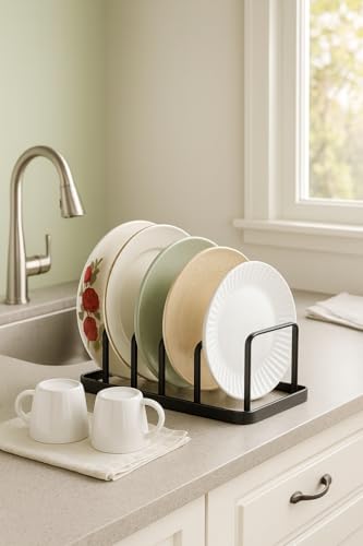 Image of Dish Rack Organizer for Kitchen - 5 Compartment Countertop Dish Drying Rack, Space-Saving Black Iron Dish Drainer Rack, 8.5 x 5 x 4 Inches