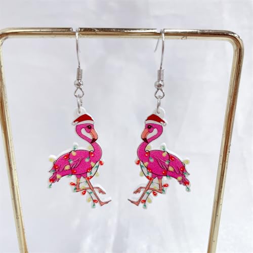 Cute Flamingo Santa's Hat Christmas Dangle Drop Earrings for Women Dainty Lightweight Acrylic Animal Hook Decoration Statement Dangling Hanging Hypoallergenic Party Holiday Gift3