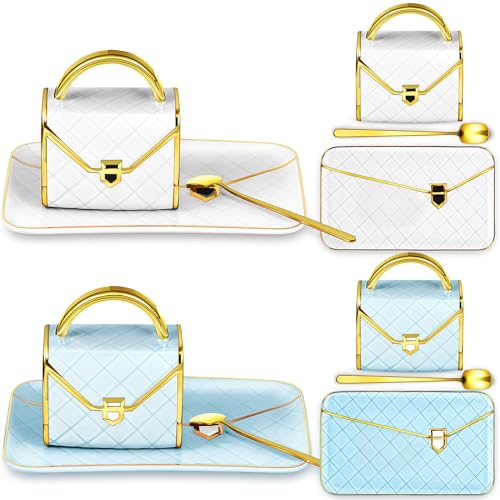 2 Sets Coffee Mug Elegant Handbag Shaped Mug Modern Ceramic Purse Mug with Spoon and Saucer, 10oz Cute Creative Tea Cup for Woman Gift and Office Home Coffee Tea Cappuccino Chocolate (White,Blue)