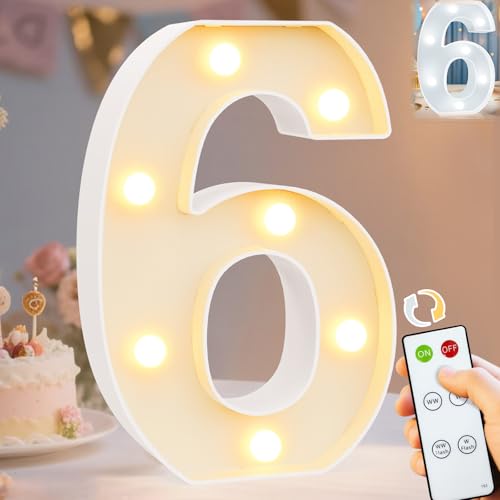 Image of Pooqla LED Light Up Numbers, Marquee Number with Remote for 6th Birthday Decoration, Lighted Numbers Gift for Boys Girls Party Backdrop Wedding Anniversary Decor, Warm White and Cool White Number 6