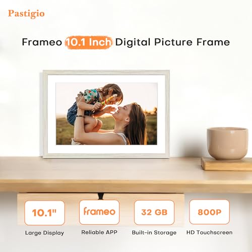 Image of Frameo 10.1 Inch WiFi Digital Picture Frame, Frameo Digital Frame WiFi 32GB | 1280x800 HD Touch Screen, Instant Sharing Electronic Photo Frame, Auto-Rotate, Wall Mountable, Mom Gifts, White Woodgrain