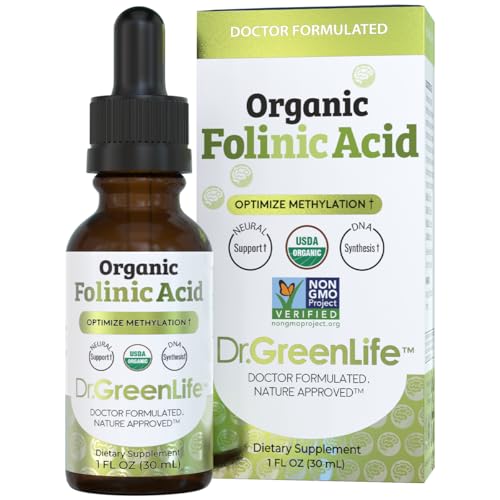 Dr. Green Mom Folinic Acid For Kids & Adults High Dose MTHFR-Friendly Folic Acid Alternative Organic Liquid Drops 500 mcg/Drop Vitamin B9 for Methylation Neurological & DNA Support 1 fl oz